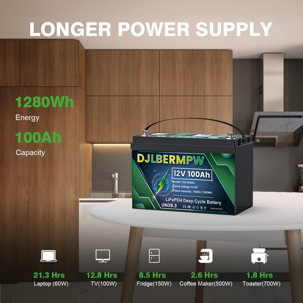 12V 100Ah Lithium Battery, 100A BMS Deep Cycle LiFePO4 Battery for Marine, RV, Solar System, Trolling Motor, Boat