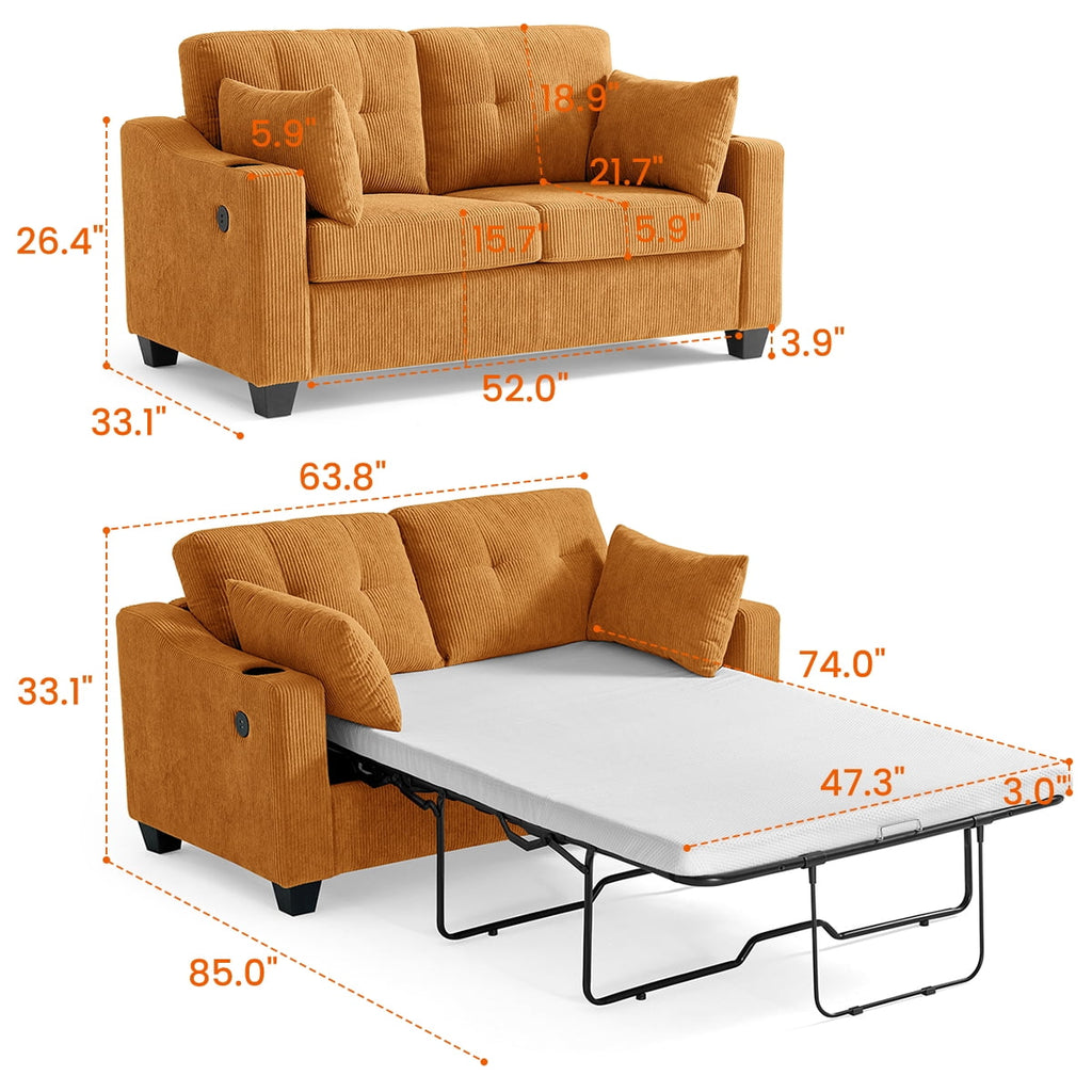 CHIC HOUSE Pull Out Sofa Bed Couch Queen Size with Mattress USB, Convertible Sleeper Sofa Loveseat for Small Spaces RV, Corduroy Pull Out Couch Bed for Living Room with Cup Holders LED Lights, Beige