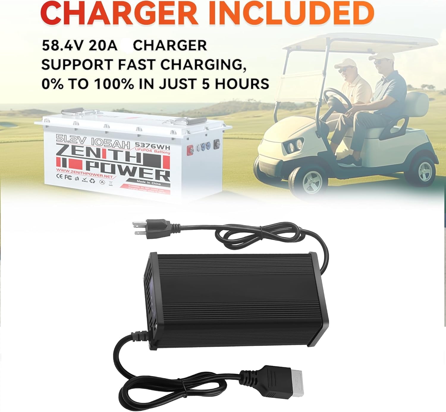 48V 105Ah LiFePO4 Golf Cart Lithium Battery, 200A BMS, 20A Charger, 4.3in LCD Display, 4000+ Deep Cycle Lithium Battery, Replacement for Lead-Acid in EZGO, Club Car, Yamaha