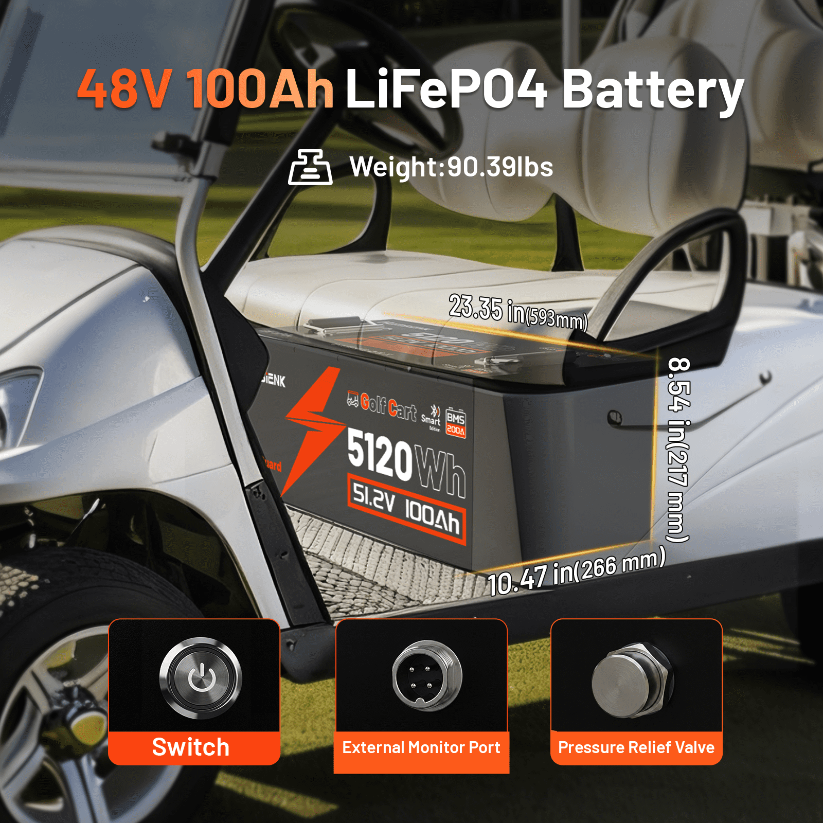 HumsiENK 48V 100Ah Lithium Golf Cart Battery Bluetooth, Cylindrical Cell & Metal Case, 15000+ Cycles Golf Cart LiFePO4 Battery, 200A BMS with Low-Temp Protection for Golf Cart, Solar, RV, Off-Grid