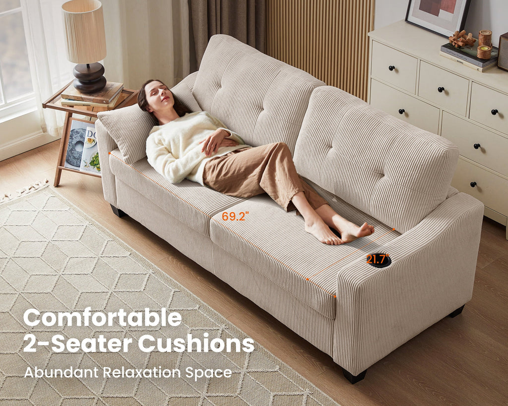 CHIC HOUSE Pull Out Sofa Bed Couch Queen Size with Mattress USB, Convertible Sleeper Sofa Loveseat for Small Spaces RV, Corduroy Pull Out Couch Bed for Living Room with Cup Holders LED Lights, Beige