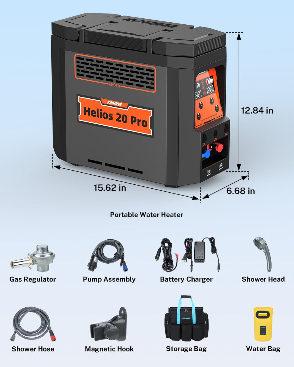 Kohree Helios 20 Pro, Portable Water Heater for RV Camping, Propane On-Demand Water Heater 20,000 BTU 4000mAh 1.6h Rechargeable Battery for Camping Outdoor Use